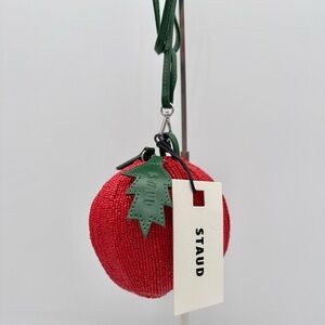 STAUD Red Beaded Strawberry Crossbody Bag with Green Leaf Accent